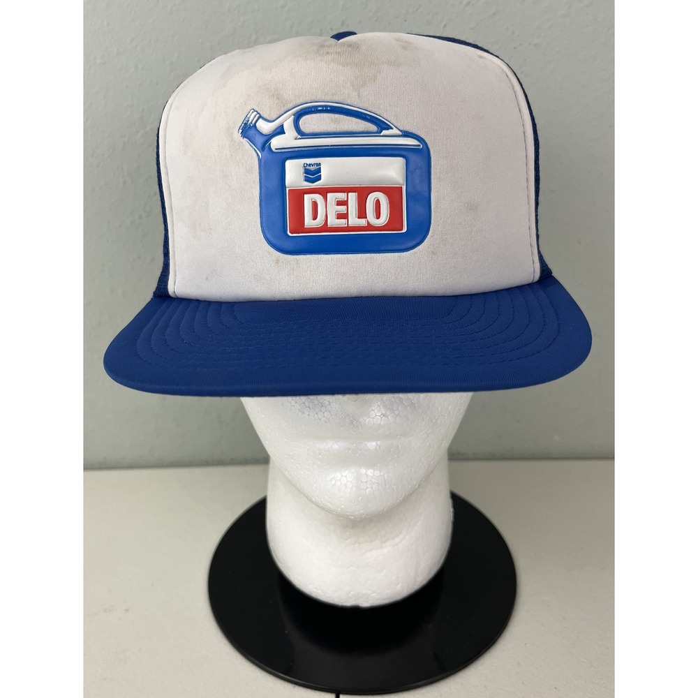 Vintage Chevron DELO Heavy Duty Engine Oil Puff Print Mesh Snapback Hat Men Blue